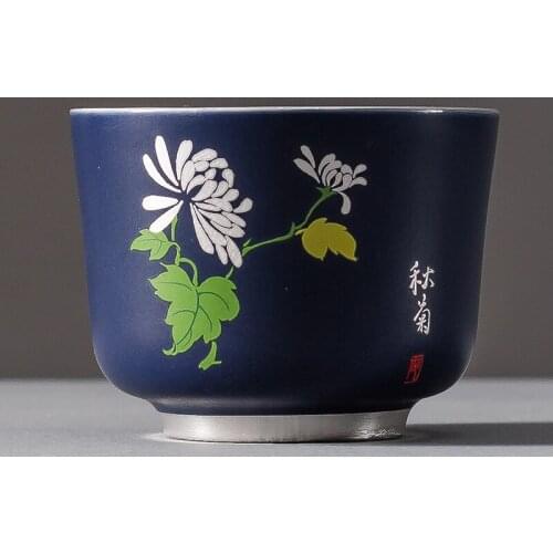 999 Sterling Silver Blue Plum Blossoms Orchids Bamboo Chrysanthemum Silver Tea Cup Ceramic Cup Kung Fu Tea