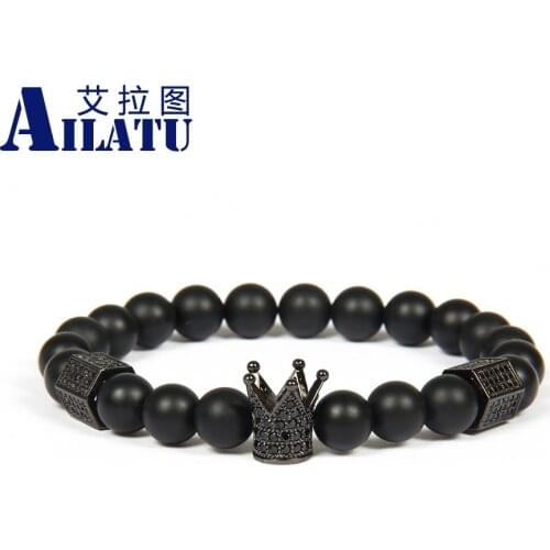 Ailatu Powerful Mens Jewelry Wholesale 8mm A Grade Matte Onyx Stone Beads with Black Cz Imperial Crown & Stoppers Bracelets