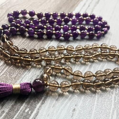 Amethysts Smoky Q-uartz Mala Necklaces 108 Meditation Beads Necklace Buddhist Prayer Beads Purple Tassel Necklace Chakra Jewelry