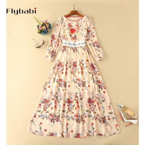Letter heart-shaped Sequins print silk Full Floor-Length High Quality Flowers Elegant maxi long dress holiday party dress