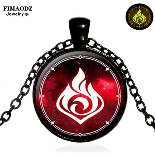 FIMAODZ New Genshin Impact Vision Glowing Necklace Men Anime Glass Cabochon Pendant Silver Black Chain Women Luminous Jewelry
