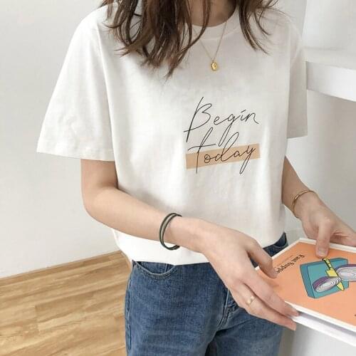 Letter Women T-Shirt O Neck Short Sleeve Loose Casual Pure Cotton Girls Summer Soft Pullovers Femme Fashion Clothings