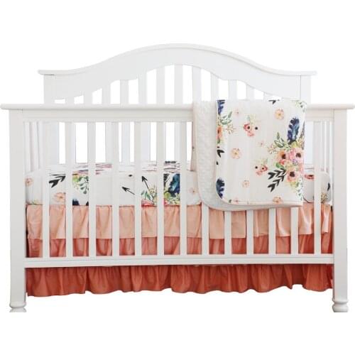 3 PCS Set Girls Crib Bedding Set Coral Ruffle Skirt Minky Blanket Peach Floral Nursery Crib Sheet ( Feather Floral )