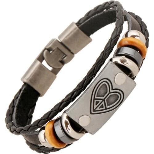 Fashion Vintage Heart Love Peace Charm Bracelet Cuff Men Women Alloy Wristbands Multilayer Leather Bangle Wrap Punk Jewelry Gift