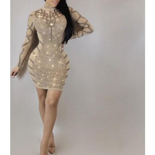 New Sexy Dress Hot Drilling Long Sleeve Two-color Dress Nightclub Fashion Popular High Quality Women jooyoo