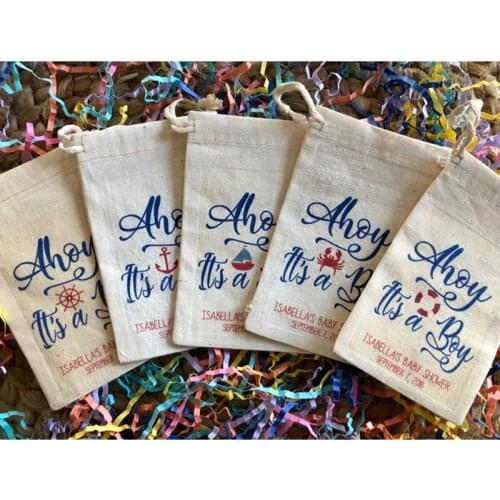 Ahoy Its A Boy Nautical bag personalized birthday favor gift bags groomsman Survival Kit bag bridal muslin welcome treat bag