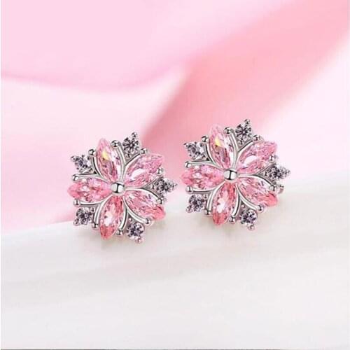 Luxury Small Flower Stud Earrings for Women Girls Fashion Kpop Pink White Cubic Zirconia Crystal Earring Minimalist Jewelry Gift