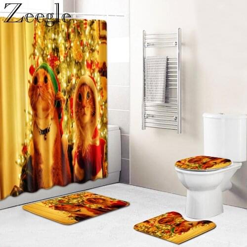 Christmas Bath Curtain Waterproof Shower Curtain Anti-slip 3pcs Bathroom Carpet Set Shower Mat Absorbent Toilet Pedestal Rug