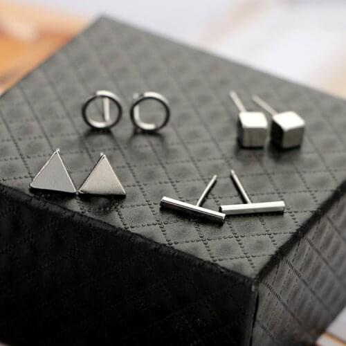 1 Lot/4Pai Rock Style Triangle Stud Earrings Set Men Women Silver Color Circle Geometric Cubic Black Earring