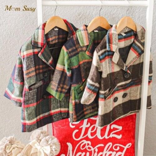 Baby Boy Girl Woolen Jacket Plaid Warm Infant Toddle Lapel Tweed Coat Spring Autumn Winter Baby Outwear Clothes 1-5Y