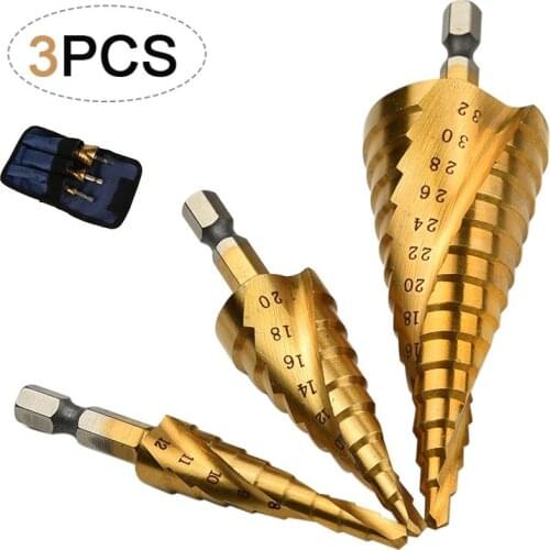 Hss Titanium Spiral Grooved Step Drill Bits 4-12mm 4-20mm 4-32mm Step Cone Cutting Tools Woodworking Metal Hole Drill Bits