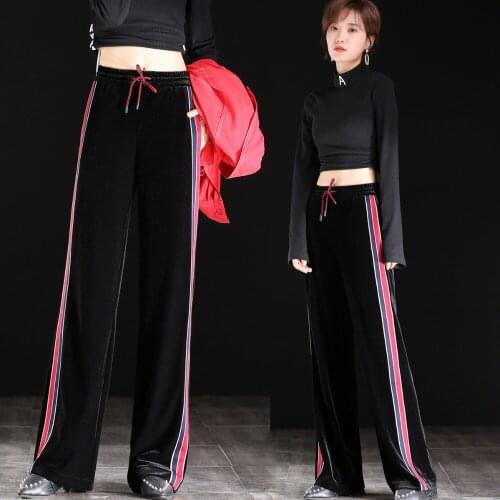 Spring woman gold Velvet Side stripe pants elastic waist casual pants trousers straight trousers Slim Solid color Wide leg pants