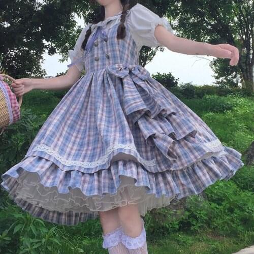 Japanese Lolita Daily Doll Collar Short-Sleeved Lolita with Slim Plaid Dungaree Dress Womens Summer Fairy Kei Lolita Dress