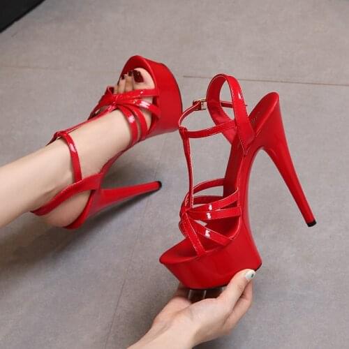 2021 European Summer Sandals Candy Color Point Open toe Cross belt Red Women Party Shoes High Heels 17cm Thin Heel Sandals Lady