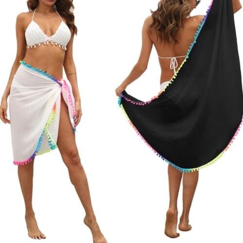 Women Beach Sarongs, Sexy Sheer Mesh Swimsuit Wrap Skirt Bikini Cover Up with Colorful Pompom Tassel Summer 2021