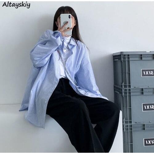 Shirts Women Leisure Striped Fashion Summer All-match Streetwear College Single Breasted Female Korean Style Simple Tops Baggy