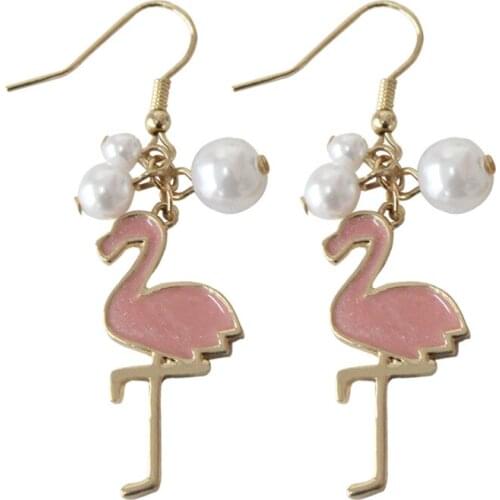 Korean Bohemian Ear Drop Women Imitation Pearls Pink Flamingo Drop Earrings