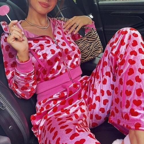 YiYiMiYu Pink Velvet Cute Y2K Hoodies Women Heart Print Kawaii Jackets Zip Up Long Sleeve Cropped Sweatshirts Autumn Tops