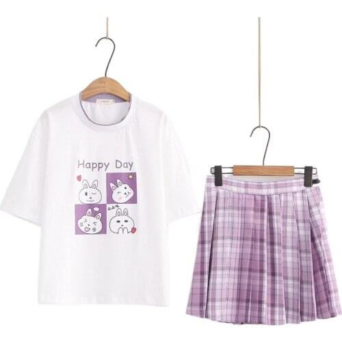 Women Sweet Dress Sets Short Sleeve O-neck Cotton T Shirt Hight Waist Plaid Pleated Mini Skirts 2021 Summer Purple 2 Pieces Set