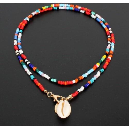 Outer banks bohemia beach shell necklace for women multicolor rice beaded double layer long necklace fashion 2020