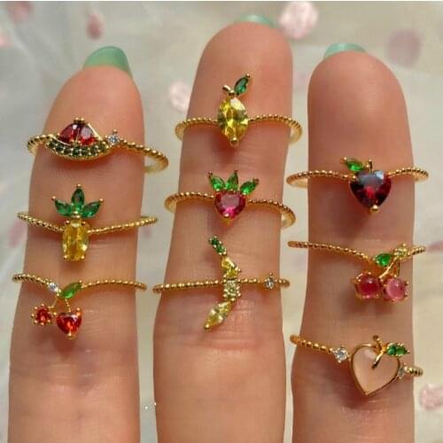 Summer Luxury Cherry Grape Strawberry Crystal Fruit Rings with Stone For Women Cute Fruit 18k Gold Jewelry for Women Girl Gifts