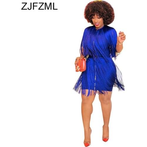 Blue Tassels Patchwork Sexy Wrap Dress Women Front Zipper Sleeveless Plus Size Dress Summer O Neck High Waist Party Club Dress