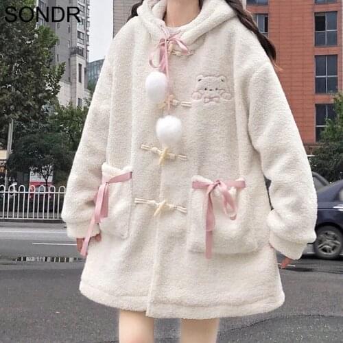 Woolen Coat Women Winter Cardigan Hooded Cute Kawaii Pink Lolita Woolen Coats Female Lamb Wool Cotton Padded Embroidered Jacket