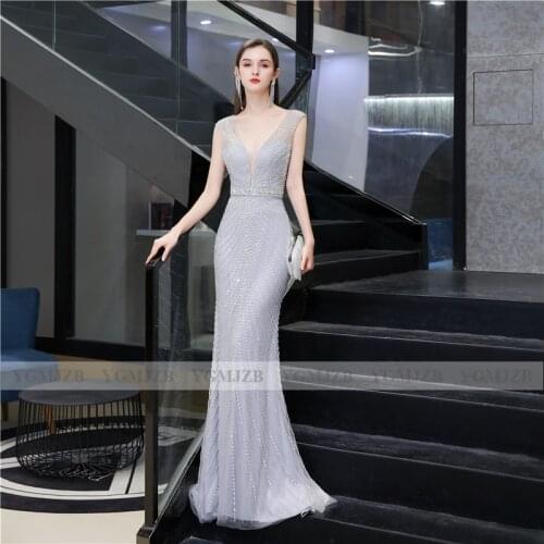 Silver Dubai Evening Dresses Long Luxury 2020 Party Mermaid V Neck Crystal Beads Women Formal Dress Evening Gown robe de soiree