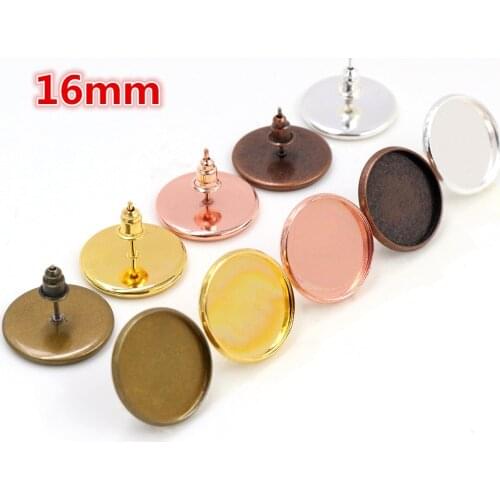 16mm 20pcs 5 Colors Plated Earring Studs,Earrings Blank/Base,Fit 16mm Glass Cabochons,earring setting;Earring Bezels