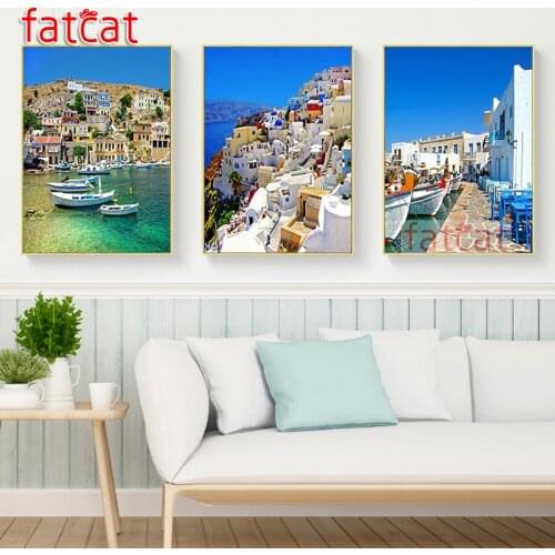 FATCAT Seaside town scenery diy 5d diamond painting full square round drill mosaic embroidery sale triptych kits decor AE2593