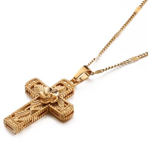 Gold Color Orthodox Christianity Church Eternal Flower Leaf Cross Pendant Necklace Russia Greece Jewelry