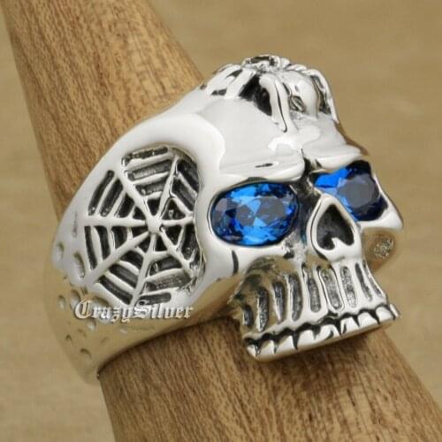 CZ Eyes 925 Sterling Silver Spider Skull Mens Biker Rock Punk Ring 9QX01 US Size 7~15