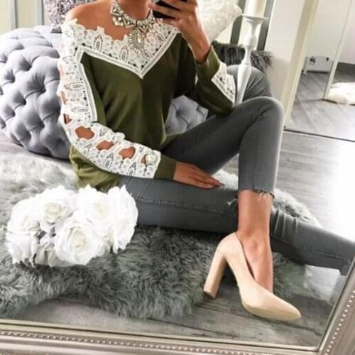 Danjeaner Women Hollow Out Long Sleeve Lace Patchwork T-shirts Sexy V-neck Solid Harajuku Tops Plus Size Slim Pullover