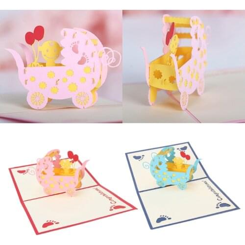 3D Baby CarriagesGreeting Card Up Paper Cut Postcard Birthday Party Gift E56E