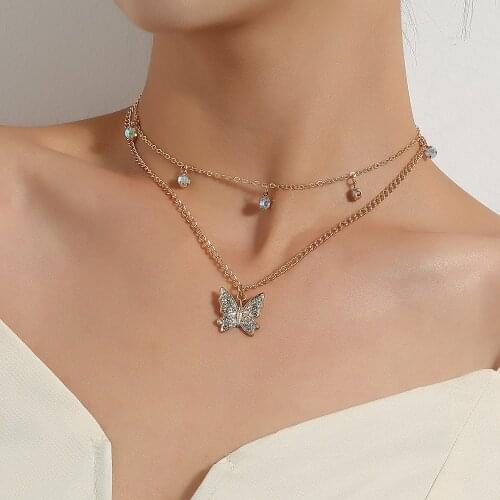 Double Layer Trendy Butterfly Necklace Pendant Charm Women Creative Personality Crystal Beads Clavicle Choker Necklaces Jewelry