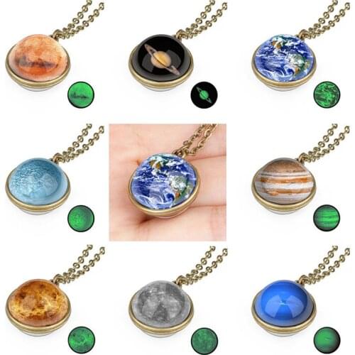 Julie Wang Glass Solar System Necklace Luminous Venus Earth Saturn Jupiter Double-sided Planet Ball Pendants Women Jewelry