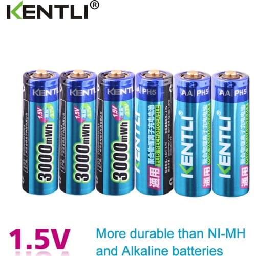 KENTLI 6pcs/pack High Capacity free shipping lithium ion batteries 3000mWh 1.5V lithium polymer battery rechargeable AA battery