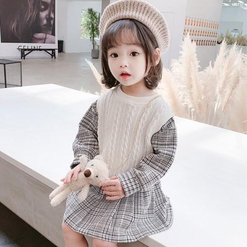 2021New Year Costume Little Girl Princess Dress Trellis Long Sleeves Childrens Knitted 2-Piece Costumes White Skirt Add A Chain