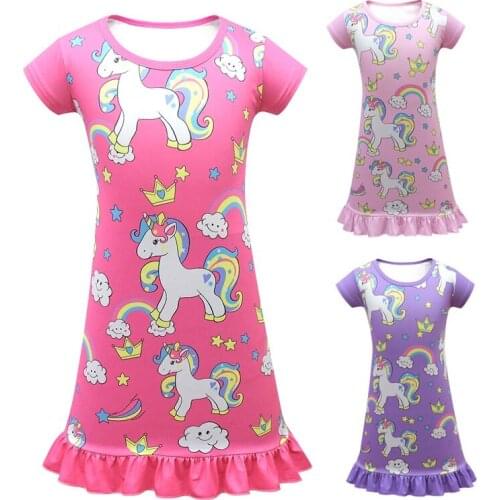 Summer New Short Sleeve Unicorn Printing Sleepwear Kids Nightgowns Children Party Dresses Pajamas Baby Girls Nightie