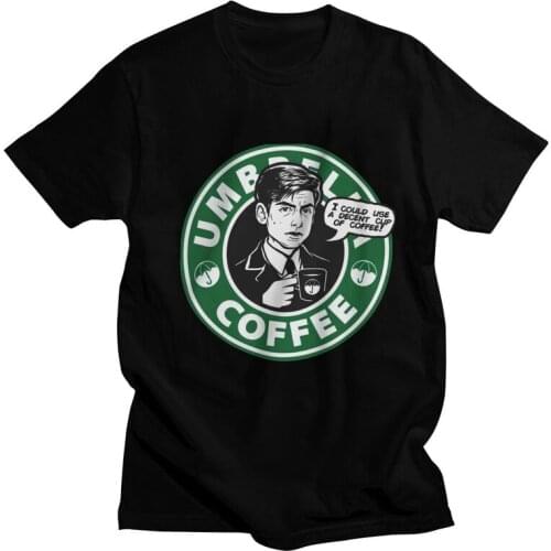 Umbrella Coffe T Shirt for Men Cotton Printed T-shirts Funny Tshirt Short Sleeve The Umbrella Academy Tee Tops Gift