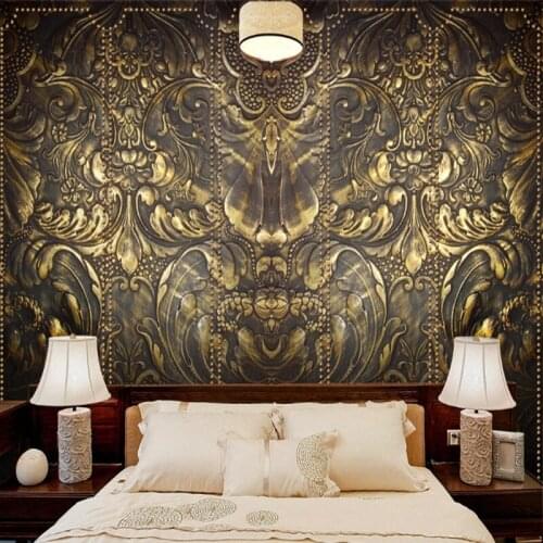 Custom Mural Wallpaper Vintage Embossed Glitter Golden Flower Metal Flower Background Wall Painting