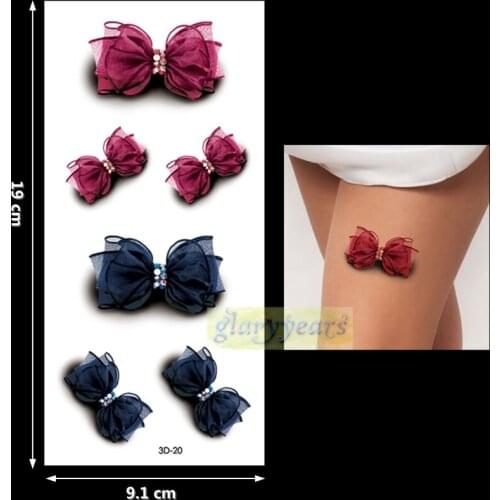 New 1PC Fashion Women Men Waterproof Temporary Tattoo Removable Simulation Vivid Body Art 3D-20 Dark Red Blue Silk Bow Bowknot