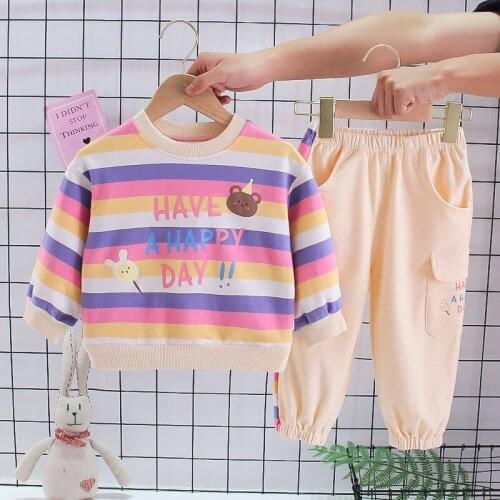 0-4 year old baby girl clothes spring and autumn pure cotton suit casual striped letter printing two-piece baby girl clothes
