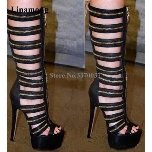 Women Sexy Black Leather Gold Zipper Design Knee High Platform Gladiator Boots Cut-out Super High Heel Long Boots Dress Shoes