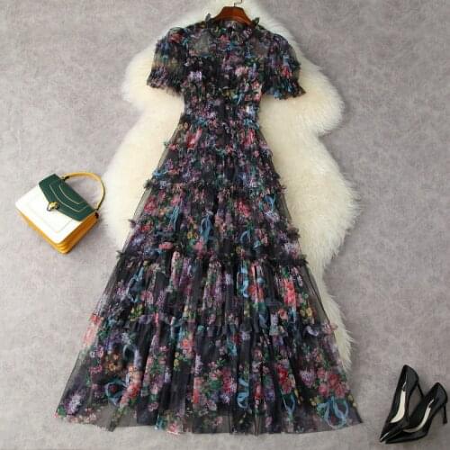 Long Dress Summer Women 2021 New Round Neck Short Sleeved High Waist Printed Mesh Elegant Dresses Ankle Length S-XL