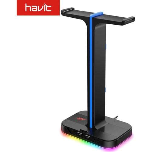 Havit RGB Gaming Headphone Stand Dual Headset Hanger with Phone Holder & 2 USB Charger for Desktop PC Game Earphone Accessories