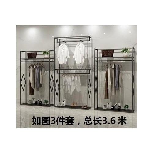 Clothing shelf men and women shop double floor standing shelf display rack high cabinet side hanging clothes rack hanger combina