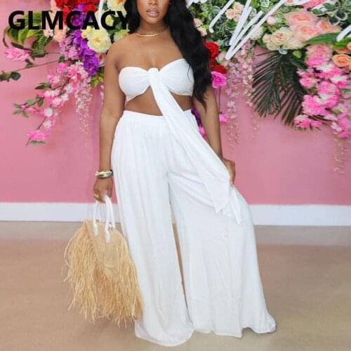 Casual Solid Two Piece Summer Suits Tied Up Tube Top & Loose Slit Pants Set