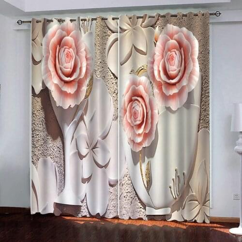 Pink curtains relief flower curtain 3d curtains new bay window balcony thickened windshield blackout curtains