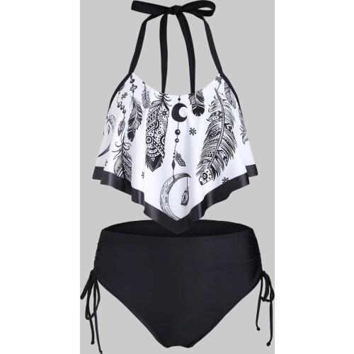 Wipalo Feather Print Flounce Overlay Cinched Halter Tankini Swimsuit Swimming Bathing Suit Biquini Set Sexy Femme Bikini 2021